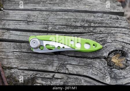 Piccolo coltello verde su un vecchio ceppo di legno. Attrezzo. Foto Stock