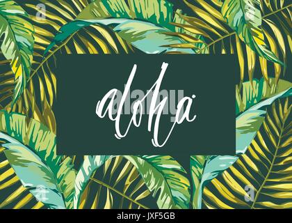 Tropical leafs composizione dello sfondo. Forme piane disegnati a mano. Verde su nero con uccello di plumeria fiori. Parola- aloha. EPS 10 Illustrazione Vettoriale