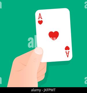 Mano con in mano una carta da gioco asso di cuori su uno sfondo verde concettuale del gioco d'azzardo, poker, fortuna, vincitore, scommettere casino o ricreative del gioco Illustrazione Vettoriale