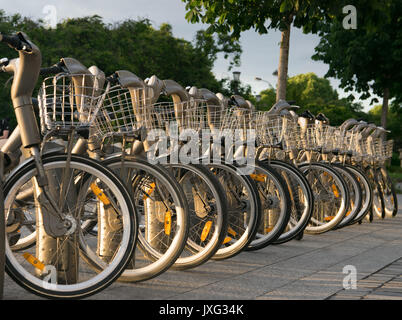 Parigi, Francia - 02 Giugno 2017: stazione Velib di pubblico noleggio biciclette a Parigi. Velib ha la massima penetrazione del mercato comapring in altre città Foto Stock