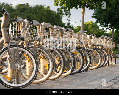 Parigi, Francia - 02 Giugno 2017: stazione Velib di pubblico noleggio biciclette a Parigi. Velib ha la massima penetrazione del mercato comapring in altre città Foto Stock