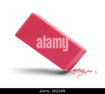 Pink eraser in uso isolato su sfondo bianco. Foto Stock