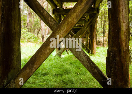 Vecchio legname in disuso il ponte ferroviario in bushland vicino a Daylesford, Victoria, Australia Foto Stock