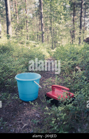 Berry strumenti di prelievo, un cucchiaio e berry picker su un sentiero nel bosco Foto Stock