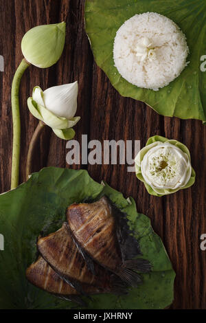 Cibo tailandese riso e secche, salate fanciulla il pesce fritto con fiore di lotus jasmine decorazione su sfondo in legno bellissimo appartamento lay ancora vita rustica asia Foto Stock