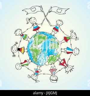 Bambini multiculturale sul pianeta terra, illustrazione vettoriale Illustrazione Vettoriale