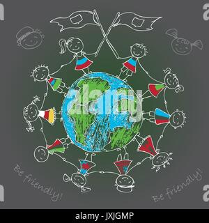 Bambini multiculturale sul pianeta terra, illustrazione vettoriale Illustrazione Vettoriale