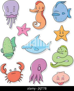 Set di cartoon colorata vita di mare o le icone di marino con calamari, polpi, cavalluccio, stelle marine e pesci, squali, granchio, vongole, ippocampo isolato su bianco come d Illustrazione Vettoriale