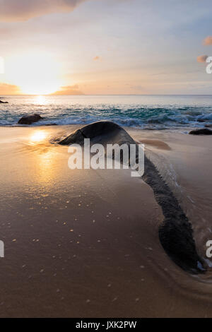 Sunset lunga esposizione colpo al Sunset Beach a nord di Mahe, Seicelle con scogli di granito in primo piano Foto Stock