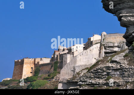 Ingresso di Bonifacio harbori scogliere a strisce, e la cittadella, Sud Corsica, Francia Foto Stock