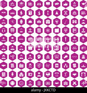 100 intelligent icone viola a testa esagonale Illustrazione Vettoriale