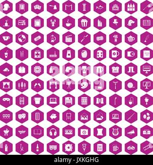 100 Tempo Libero icone viola a testa esagonale Illustrazione Vettoriale