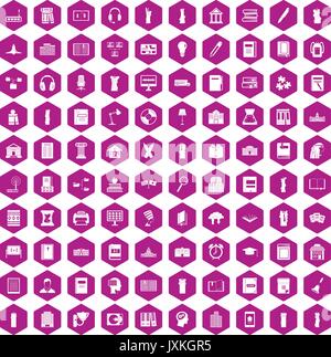 Libreria 100 icone viola a testa esagonale Illustrazione Vettoriale