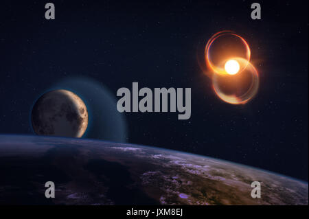 Composizione di fantasia del pianeta terra e il suo satellite naturale, la luna, con un brillante sole su un cielo stellato. elementi arredate dalla NASA Foto Stock