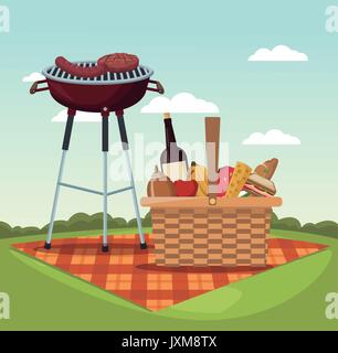 Scena di colore paesaggio della tovaglia picnic con cibo e bevande e grill barbecue in erba Illustrazione Vettoriale