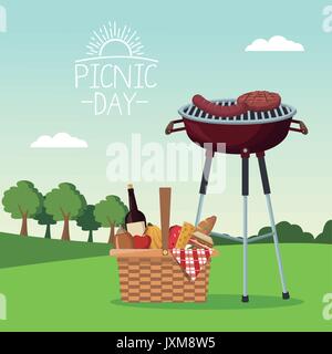Poster colorato paesaggio della scena del giorno picnic con cibo e bevande e grill barbecue in erba Illustrazione Vettoriale