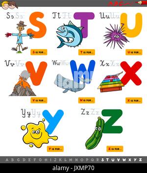 Cartoon illustrazione di lettere maiuscole alfabeto set educativi per la lettura e la scrittura di apprendimento per i bambini da S a Z Illustrazione Vettoriale