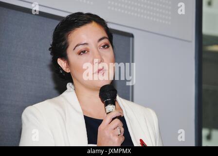 Sarah Owen, candidato parlamentare del partito laburista per Hastings e Rye, interviene in una riunione sulla politica energetica tenutasi a Hastings, in Inghilterra, il 10 novembre 2014. Foto Stock