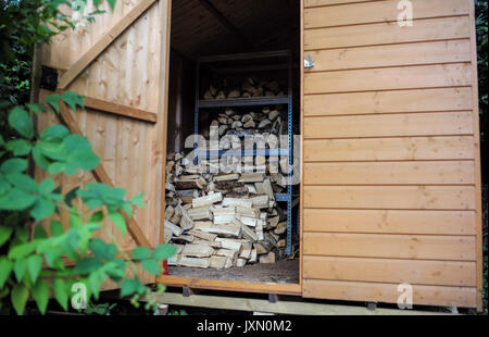 Logs impilati in un capannone pronto per i mesi più freddi Foto Stock