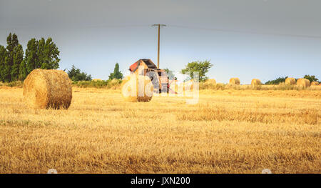 Resti di una rotopressa dopo un fuoco in mezzo a un campo durante la mietitura del grano 2017 Foto Stock