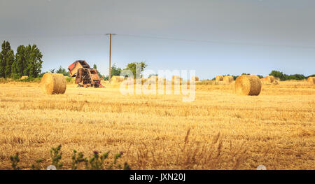 Resti di una rotopressa dopo un fuoco in mezzo a un campo durante la mietitura del grano 2017 Foto Stock