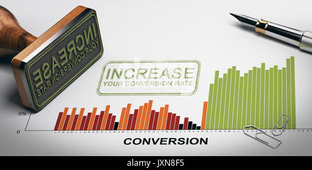 Foglio di carta con tassi di conversione statistiche, timbro di gomma e slogan con il testo di aumentare il vostro tasso di conversione. 3D'illustrazione. Foto Stock