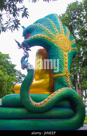 Retro della bellissima buddha con re naga Mujarin al Wat Burapha,Ubonratchathani provincia,della Thailandia. Foto Stock