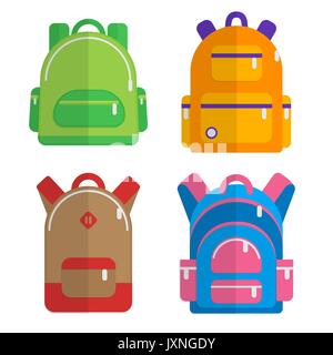Scuola zaini, set di piana zaino colorato. Si torna a scuola illustrazione. Illustrazione Vettoriale