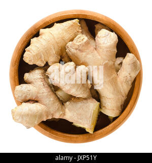 Lo zenzero radici nella ciotola di legno. Fresh rizomi di Zingiber officinale, utilizzato come spezia o una medicina popolare. Isolate il cibo macro foto chiudere dall'alto. Foto Stock