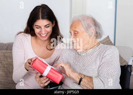Ritratto di nonna felice di dare dono a suo nipote a casa Foto Stock
