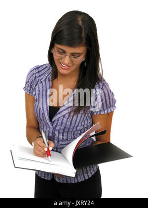 Ritratto di donna bella scrittura su sfondo bianco Foto Stock