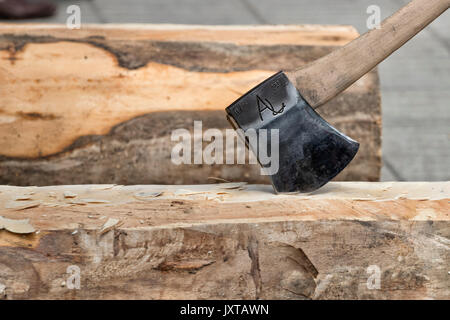 Primo piano immagine della testa di un scolpito aizkolari ax. Foto Stock