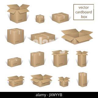 Scatola di cartone di imballaggio consegna in confezione chiusa e in confezione aperta, con segni fragili set. Scatola marrone raccolta, il contenitore di cartone isolato su bianco. illustrazione vettoriale Illustrazione Vettoriale