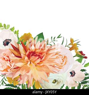 Fiore di vettore scheda quadrato design. Anemone Rosa Rose Garden Primrose arancio fiori Dahlia foresta verde felce foglie mix di piante. Saluto elegante Illustrazione Vettoriale