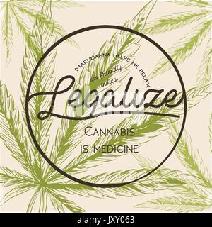 Legalizzare la marijuana, cannabis infestanti a foglia verde logo retrò, T- shirt design. Indica il pacchetto vintage. Impianto Medecine legalizzazione della canapa lascia il fumo prod Illustrazione Vettoriale