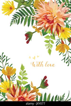 Fiore di vettore scheda quadrato design. Giallo Calendula Giardino Primula rosso arancio fiori Dahlia foresta verde felce foglie di piante. Saluto elegante wedding Illustrazione Vettoriale