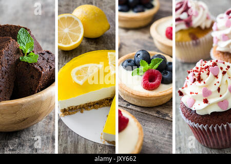 Dessert collage con brownie, torta al limone, tortine e tortine Foto Stock
