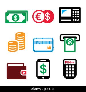 Denaro, ATM - Bancomat icone vettoriali Imposta icone finanziarie - Bancomat, monete, banconote, carte di credito isolate in bianco Illustrazione Vettoriale