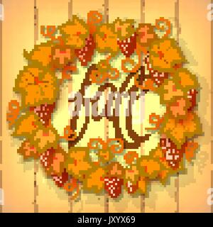 Ghirlanda di uva autunno lascia su di un legno scuro dello sfondo con copia spazio per l'iscrizione al centro e nella parte laterale Illustrazione Vettoriale