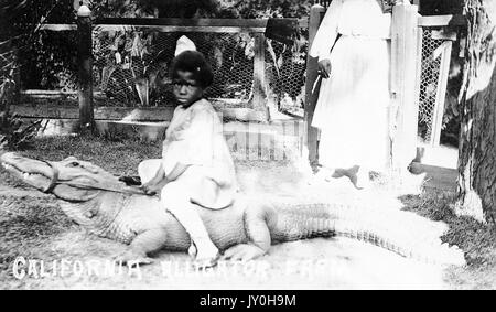 Ritratto di bambino afroamericano sull'alligatore, con vestito bianco, donna afroamericana in piedi su sfondo con abito bianco, espressione neutra, 1920. Foto Stock