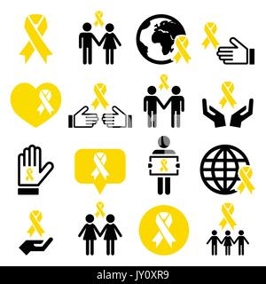 Icone di nastro giallo - prevenzione suicida, sostegno per le truppe, genitori adottivi simbolo internazionale di speranza - giallo icone vettore nastro i Illustrazione Vettoriale