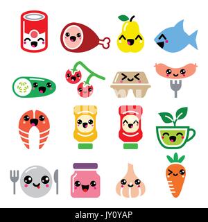 Kawaii simpatici personaggi alimentari - carni, verdure, frutta set di icone Illustrazione Vettoriale