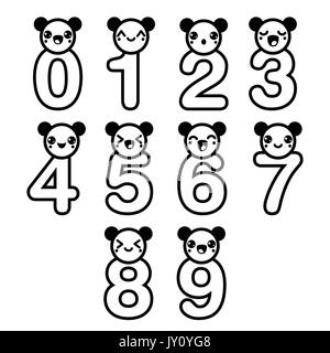 Simpatico orso Kawaii numeri impostati vettore - Nero set di icone - numeri - stile giapponese Illustrazione Vettoriale