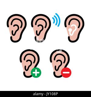 Orecchio apparecchi acustici, la persona non udente - problema di salute set di icone di problema di udito icone - Suono, impianto, orecchie sorde Illustrazione Vettoriale