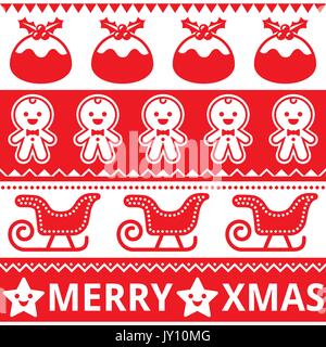 Natale rosso carino seamless pattern, biglietto di auguri di Natale pattern ripetitivo con Natale budini, uomini di panpepato, slitta, e stelle Illustrazione Vettoriale