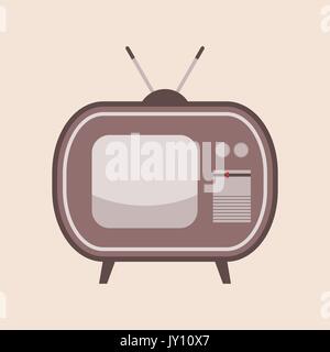 Vintage TV con un'antenna su sfondo beige. Illustrazione vettoriale di un carino retrò set TV. Vecchia TV icona. Retrò TV in una cassa di legno. Vettore Illustrazione Vettoriale