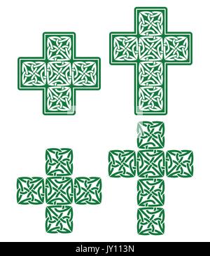 Celtic cross - set di disegni tradizionali in verde croci celtiche modello bianco impostare isolato su bianco - il giorno di San Patrizio Illustrazione Vettoriale