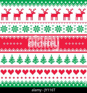 Bon Nadal greeting card - Buon Natale in catalano - Lingua spagnola Inverno rosso e sfondo verde per celebrare il Natale in Spagna - Nordic knit Illustrazione Vettoriale