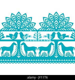 Seamless polacco di arte popolare Wycinanki pattern Kurpiowskie - Kurpie vettore Papercuts repetitve design con cavalli, uccelli, alberi e fiori - folk desig Illustrazione Vettoriale