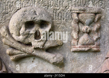 Il cranio e la clessidra - il simbolo della caducità della vita umana Foto Stock